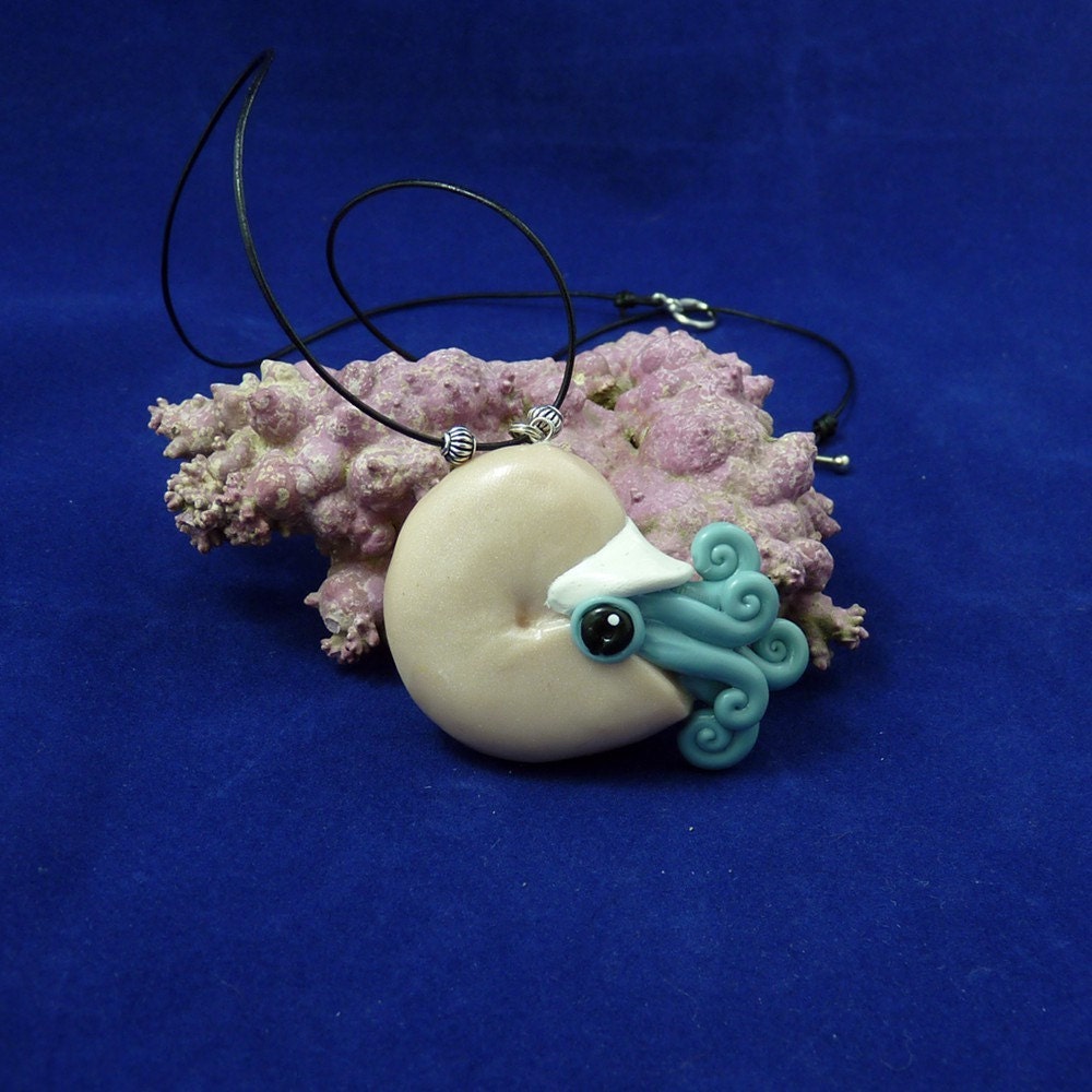 Raincloud Nautilus Necklace - Polymer Clay Jewelry Pendant