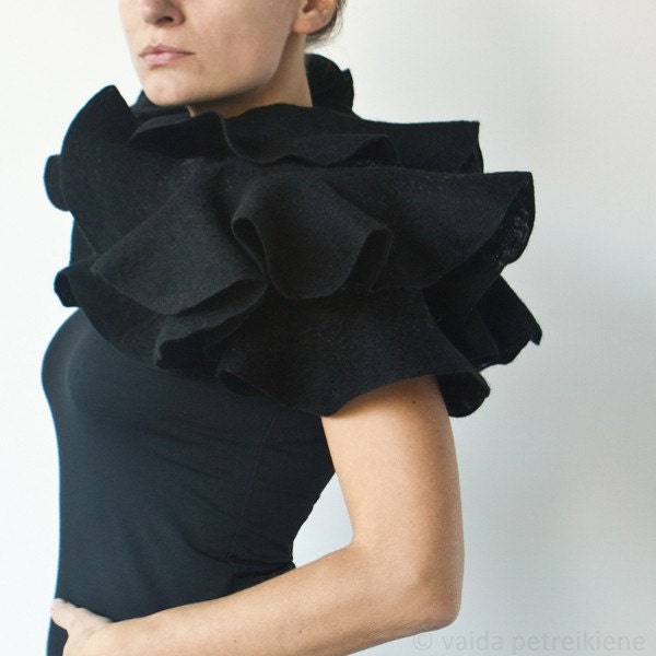 Nuno Felted Ruffle Shawl / Silk and Wool Scarf - Black Elegance - For Gothic Weddings, Any Special Occasion or Everyday Wear