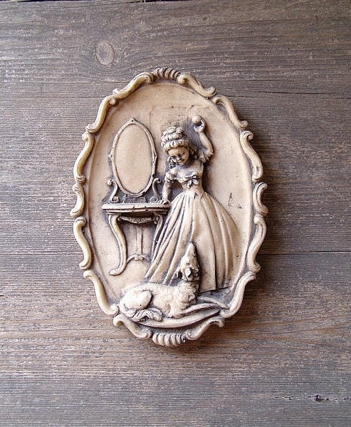 Vintage Victorian Girl with a dog, marble Oval picture Listed by MeshuMaSH on Etsy