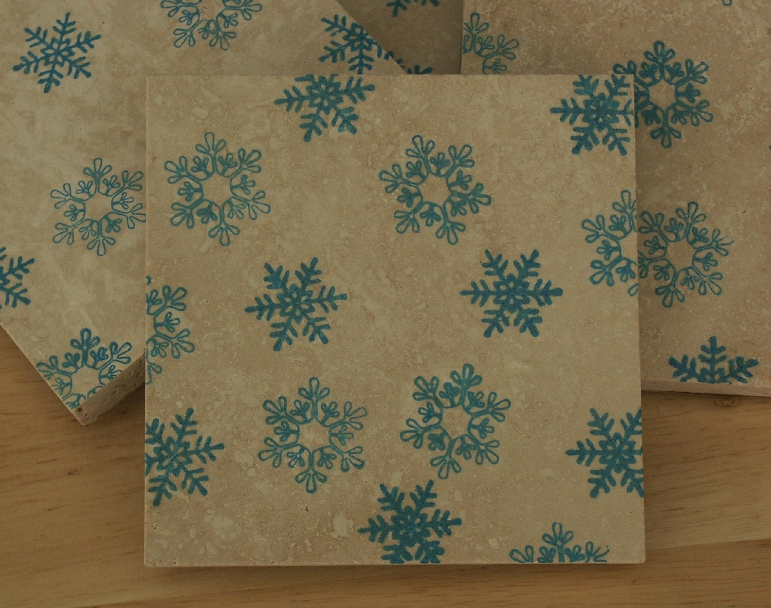 MEMORIAL DAY SALE Set of 4 Travertine Stone Coasters with Snowflakes - Ooak