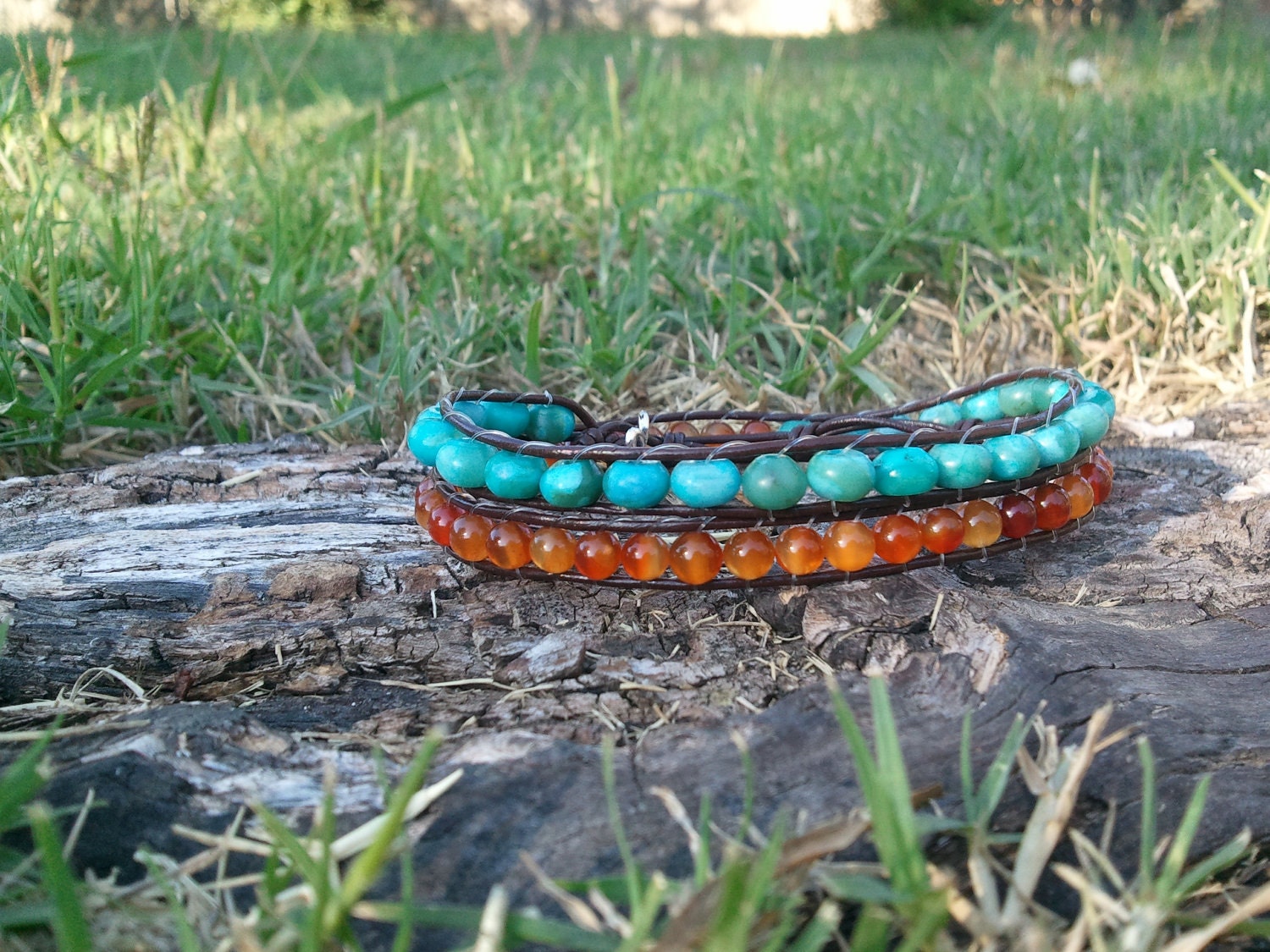 Carnelian and blue Jade Triple Wrap Bracelet with Flower Button Closure.