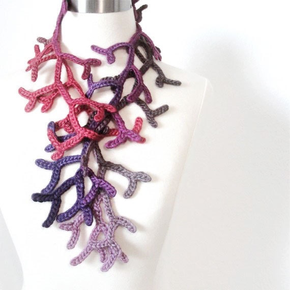 Crocheted Art Scarf: Petite Enchanted Forest Lariat Women Crocheted Scarf Statement Neckware in Plum Mist