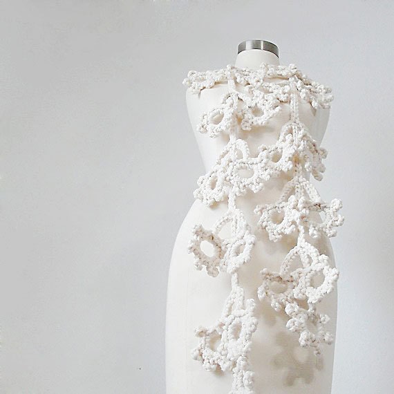 Crocheted Art Scarf: Snow Falling in the Forest Art Scarf - Hand Crocheted in Winter White. Ready to ship.