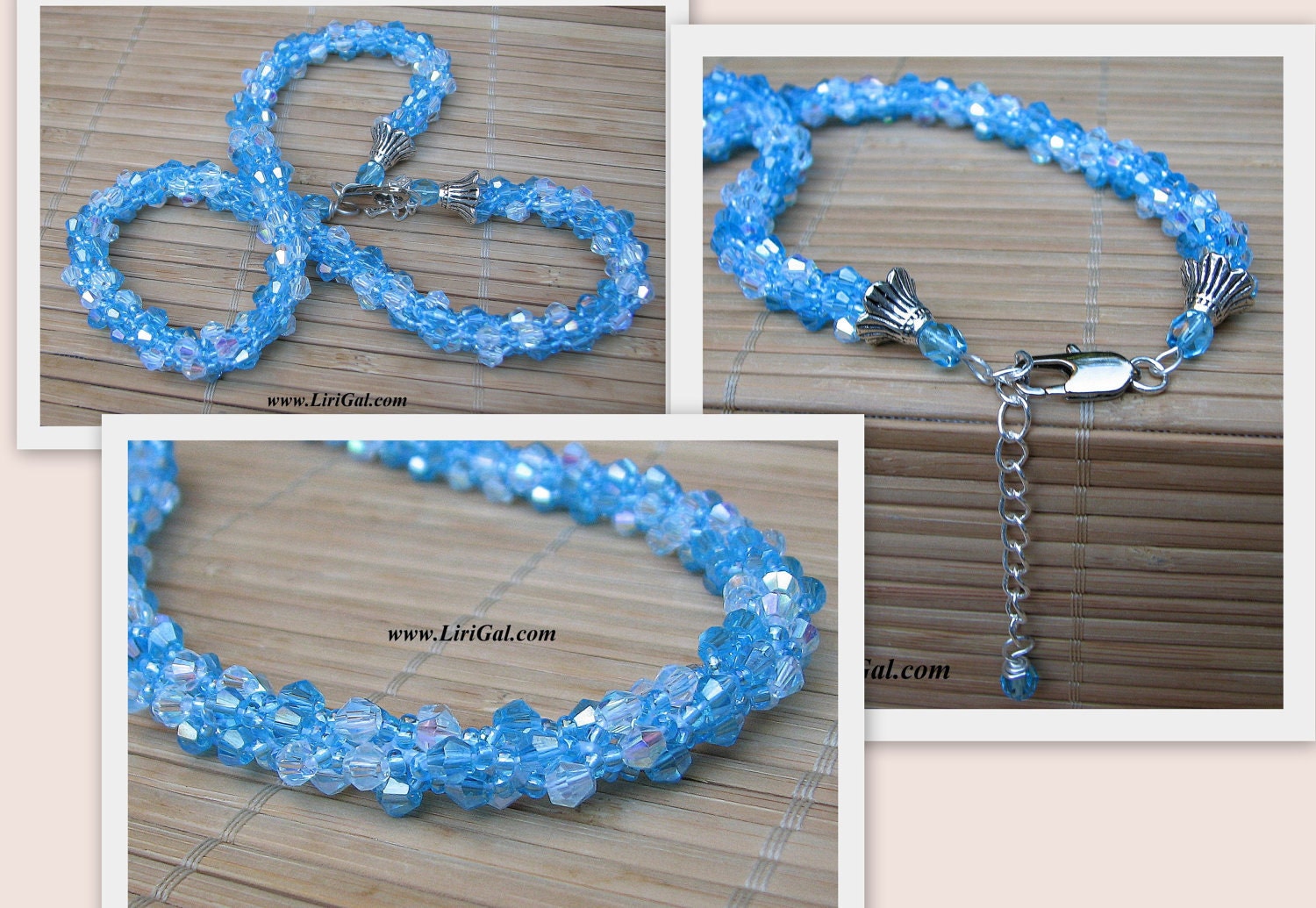 Two Colors Spiral. Blue Crystals Beaded Necklace