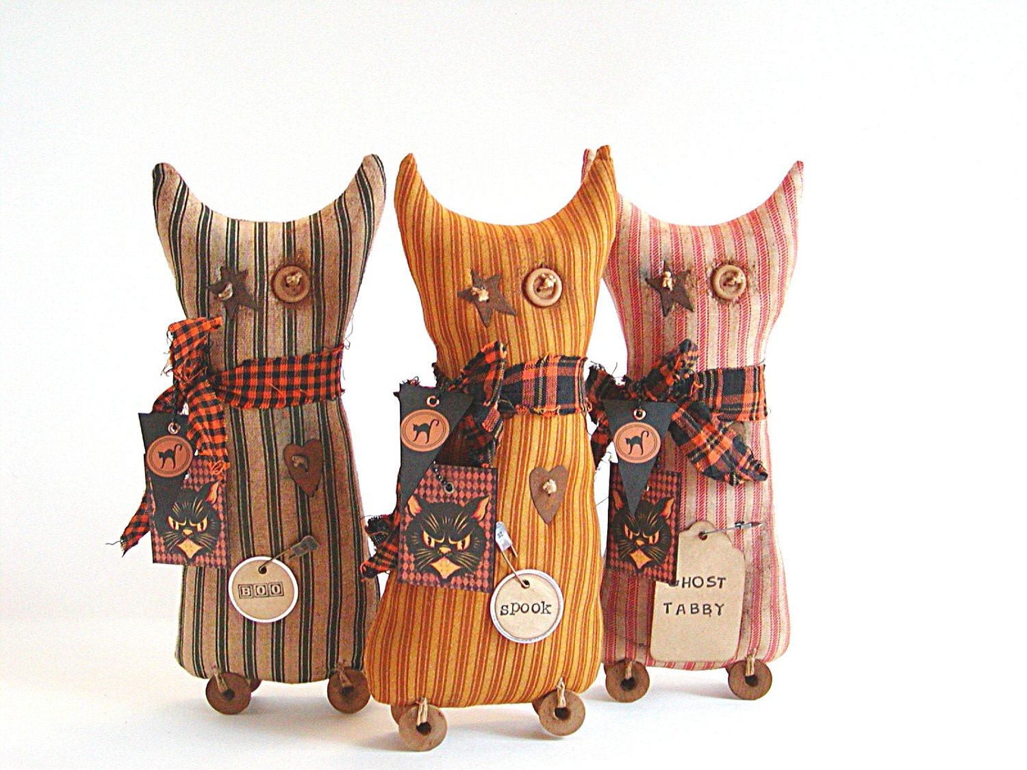 Cat Shelf Sitters, Halloween, Cat, Primitive Shelf Sitter, Ticking Fabric, Green, Mustard, Red, Primitive, Trio, thecattsuglybabies