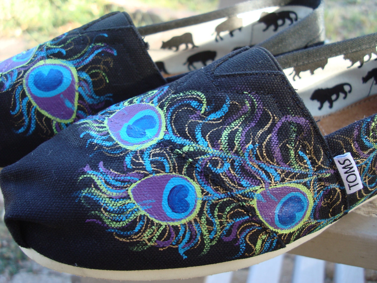 peacock feathers painted on TOMS shoesmade to order by ArtfulSoles