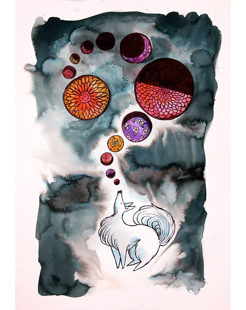 Wolf Howling at the Moon Illustration "Communication With Nature" Archival Giclee Print 22x15 in