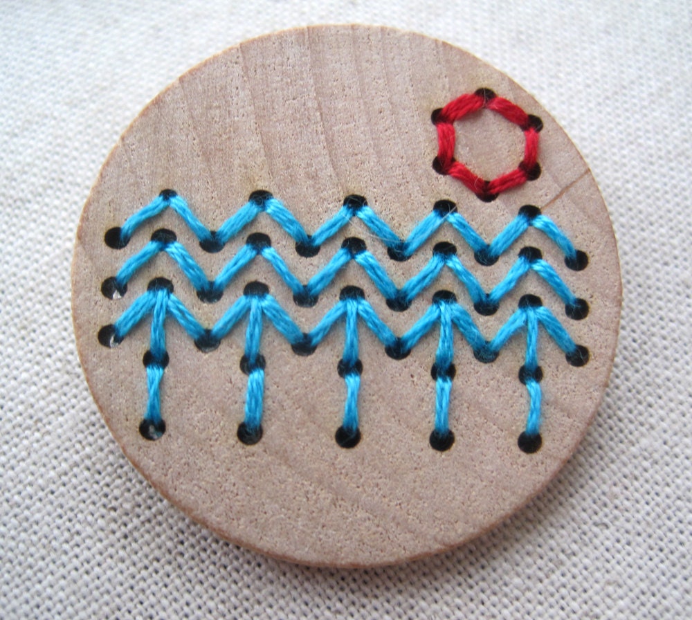 Chevron Tree Brooch: Embroidery on wood