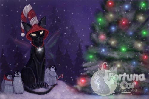 Winter Christmas Holiday fantasy black cat art print