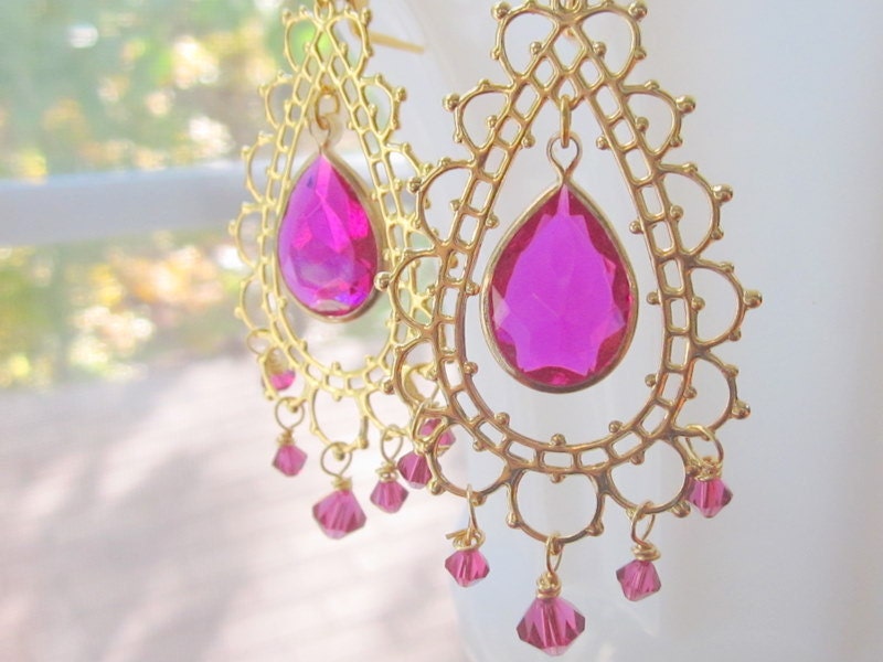 Bollywood Earrings Hot Pink Lace Earrings by MinouBazaar