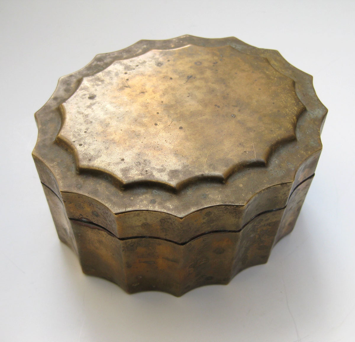 Antique Victorian Fluted Metal Box and Lid - Fancy Brass Tea Caddy Tin - Vintage 1800s 19th Century Metallic Old Gold Golden Ochre
