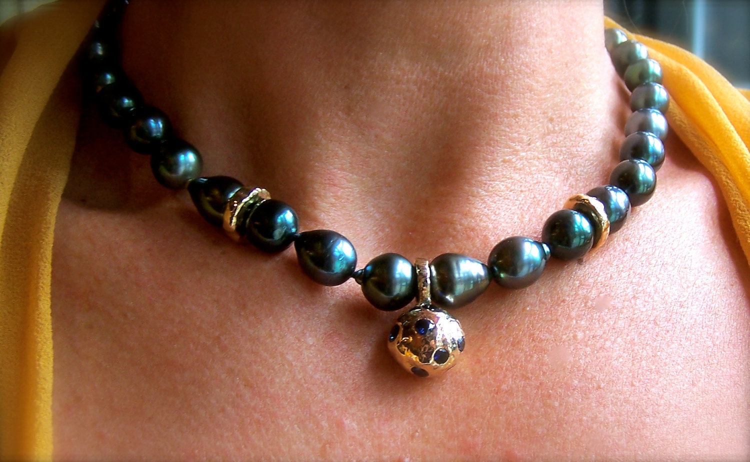Cultured Black Tahitian, Sapphire and 14K Yellow Gold Necklace - PL301