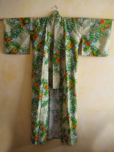 Stunning Long Vintage Floral 1940's Wool Kimono Light Yellow with Orange Poppies, White Jasmine, and Green Foliage
