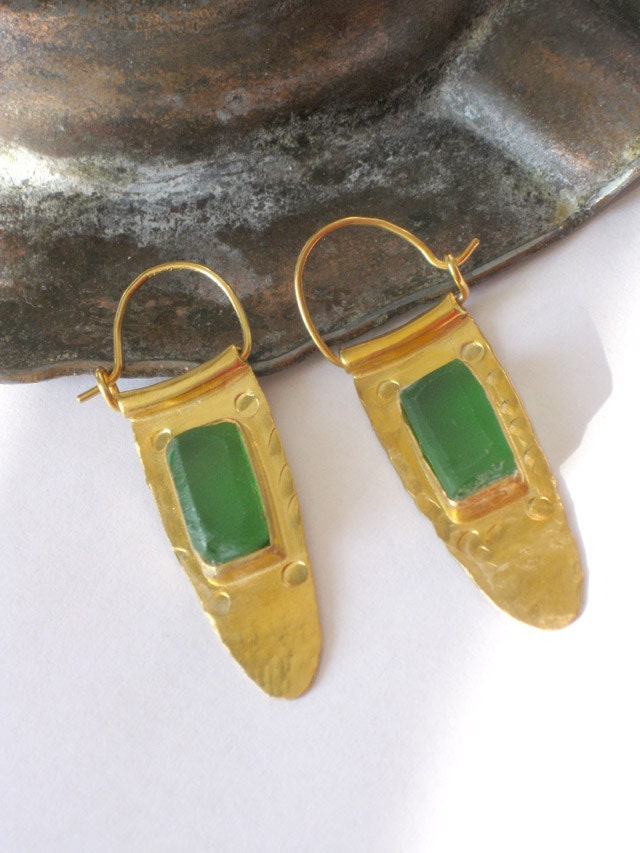 Gold  and sea glass hoops, handmade 24k goldplated brass earrings