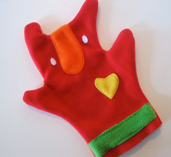 HAND PUPPET bright red and orange adorable fleece puppet with a yellow heart by greenstarstudio