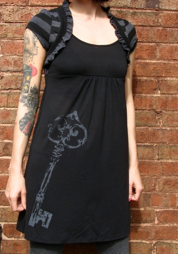 SALE Skeleton Key Tunic Dress Gray and Black Stripes Vintage Graphic Inspired Dress Screen Printed - Small - Med - Large
