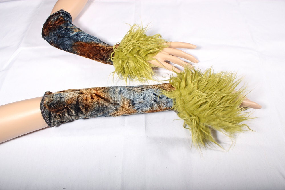Green Fairy Arm Warmers Belly Dance Cuffs fingerless gloves crushed Velvet Monster Paws long green monster fur