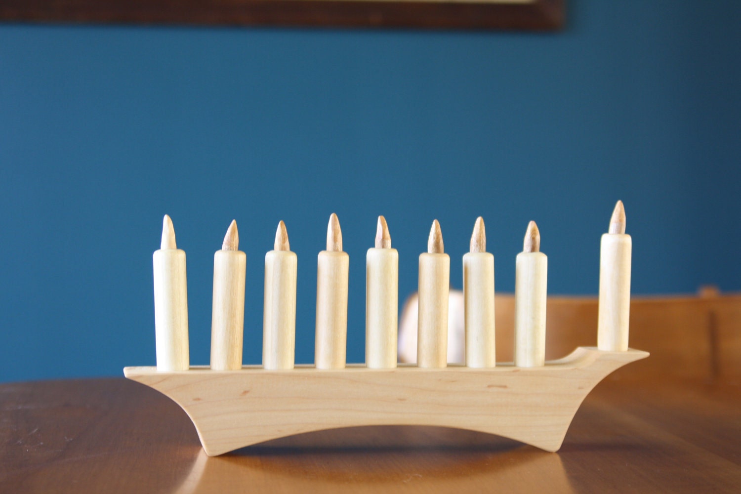 Modern Style Hanukkah Menorah in Wood The Family Heirloom by Little Alouette 10 piece set