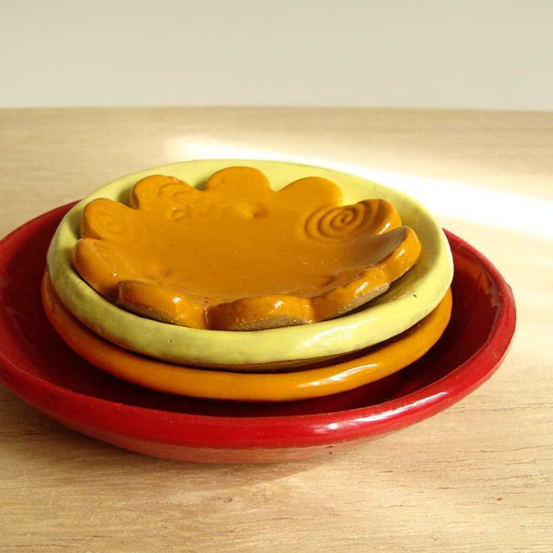 Clearance Sale- 4 Nesting Plates, Snack Plate and Dippers, Scarlet Red, Orange, Citron Yellow, Stoneware Clay