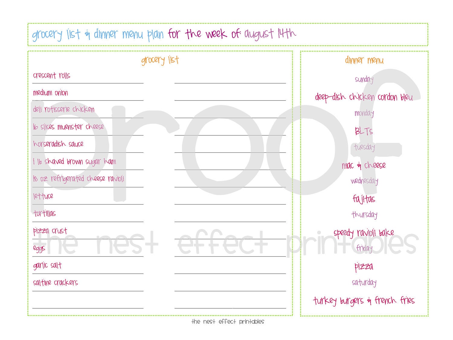 grocery list and dinner menu plan - editable document