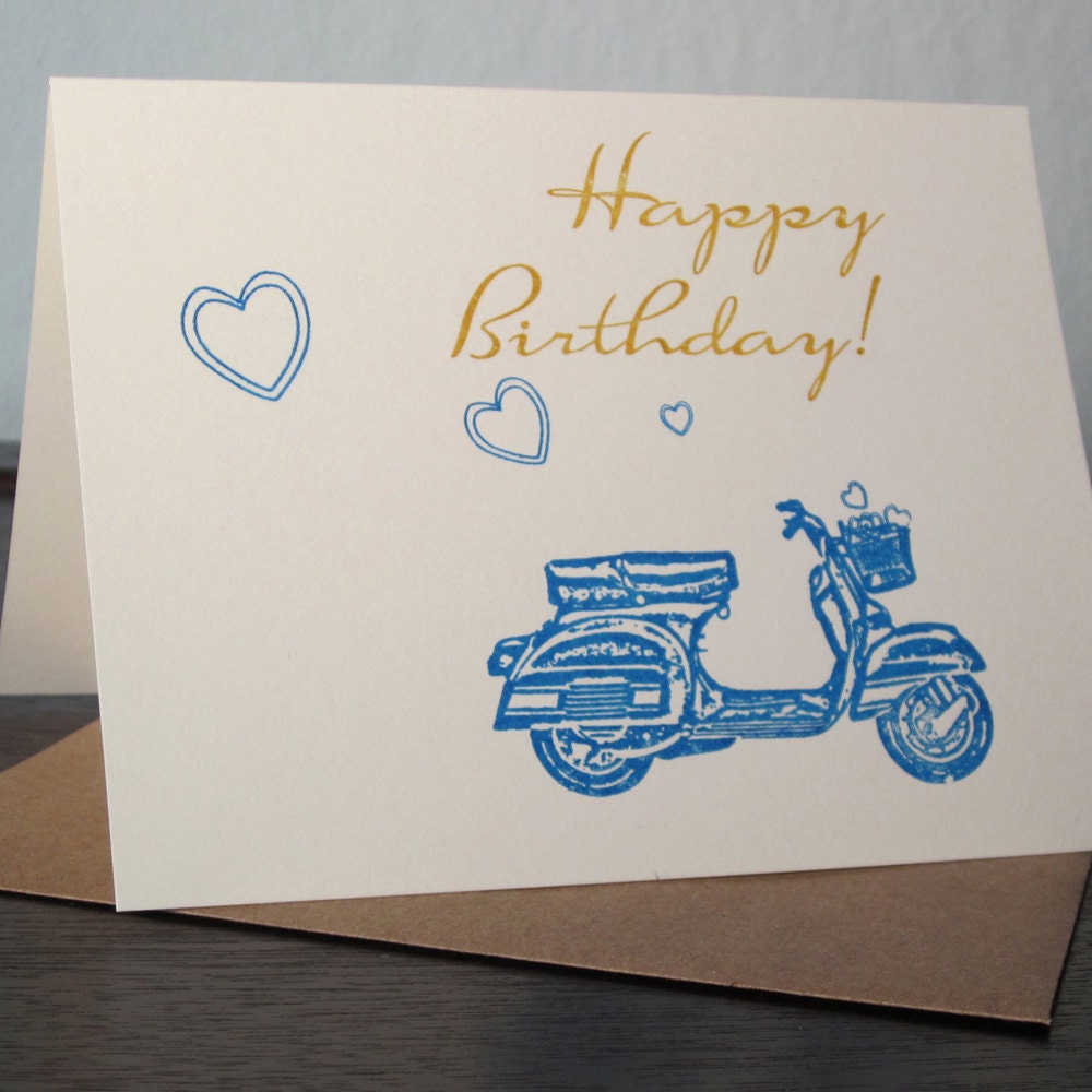 Scooter and Hearts - Gocco Printed Birthday Card