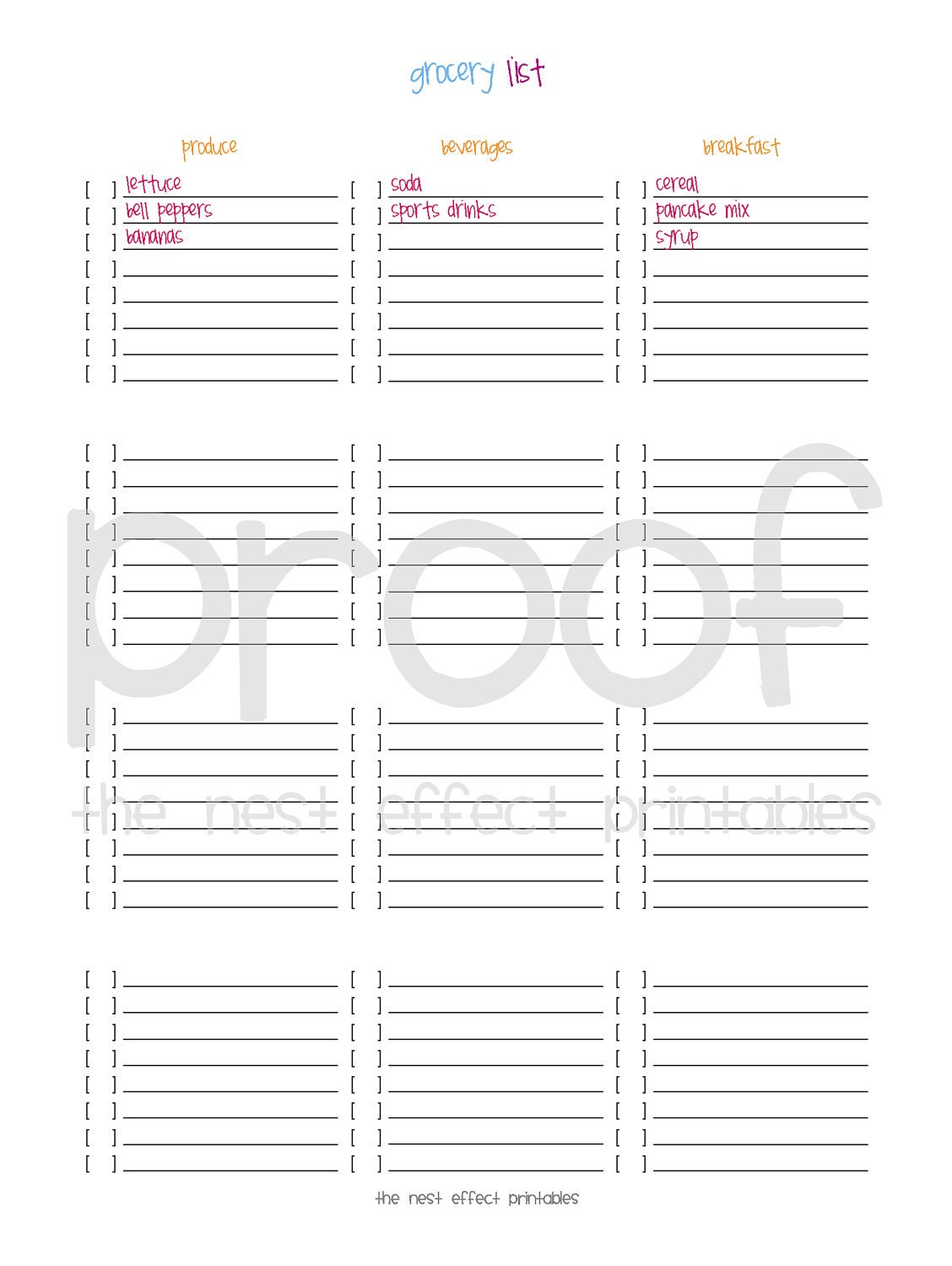grocery list - editable document