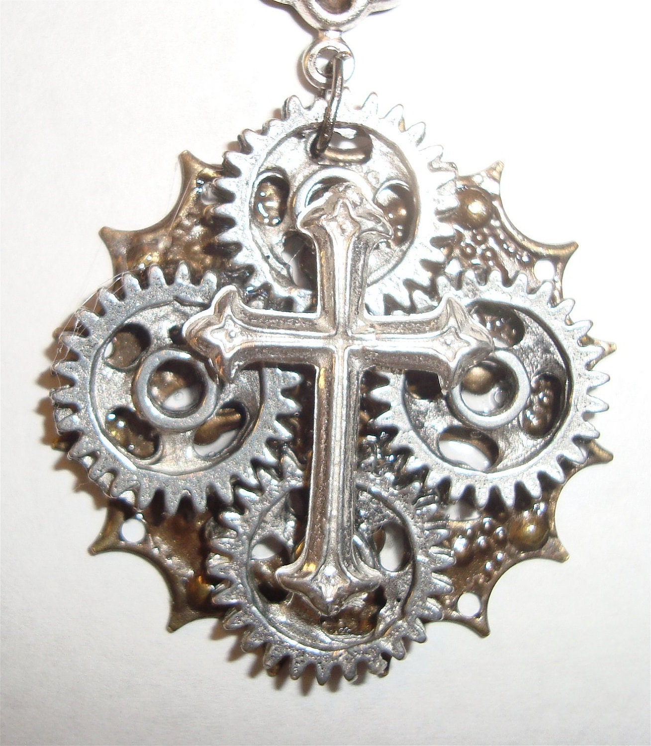 Victorian Steampunk "Cross That You Bear" Handmade Clock Gear Cross Necklace