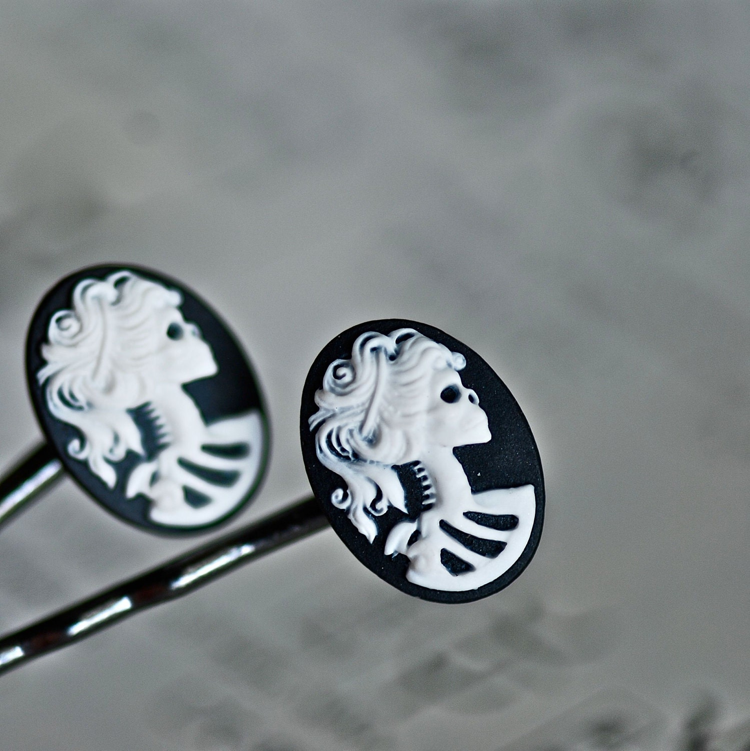 NEW - Miss Skeleton hair bobby pin - White Black Gothic Lady Zombie Cameo