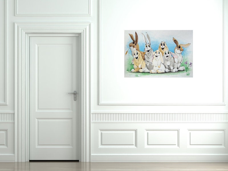 Bunny Family Illustrated Original Watercolor Painting Artwork Children Nursery 11x14 Wall Decor