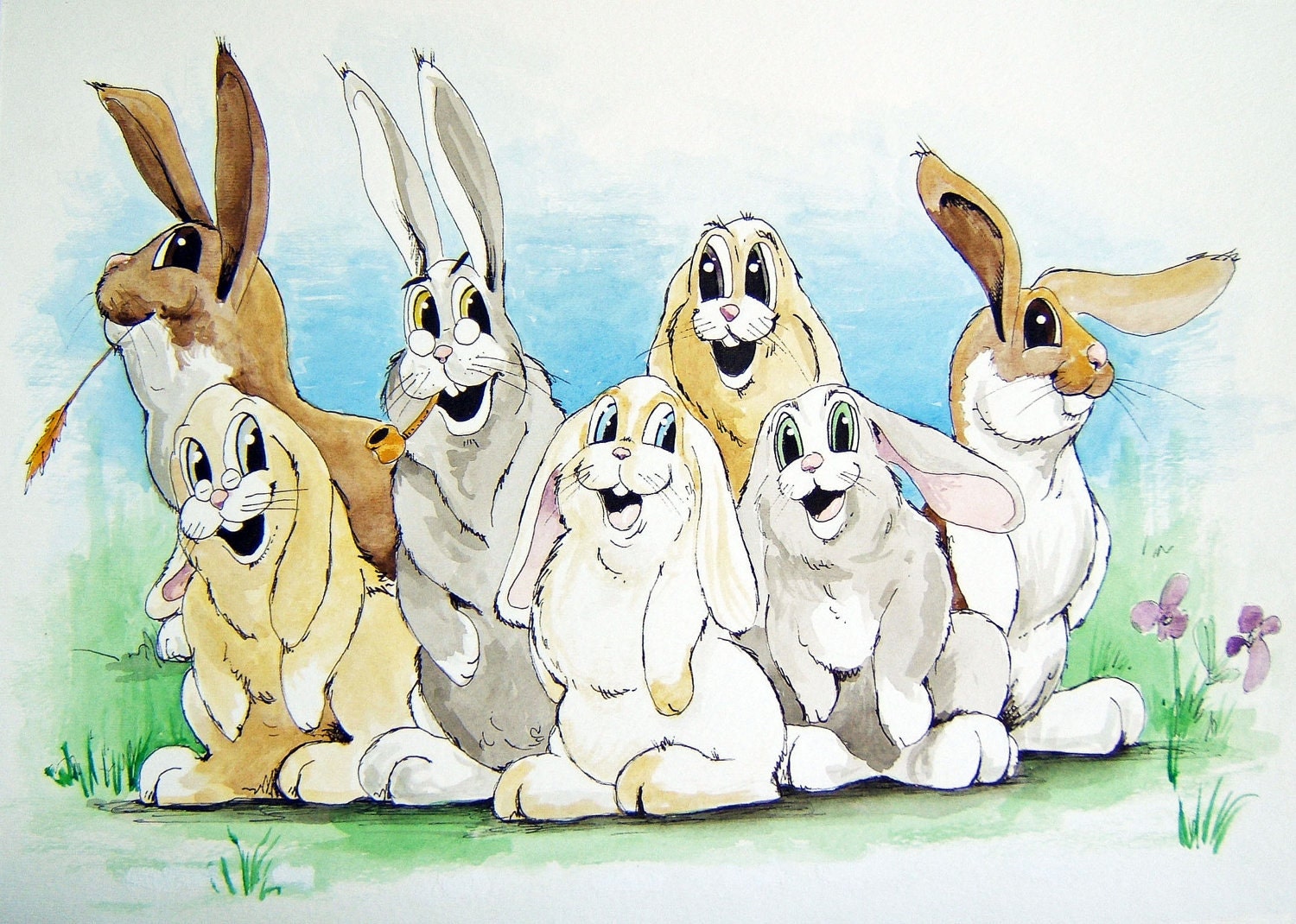Bunny Family Illustrated Original Watercolor Painting Artwork Children Nursery 11x14 Wall Decor