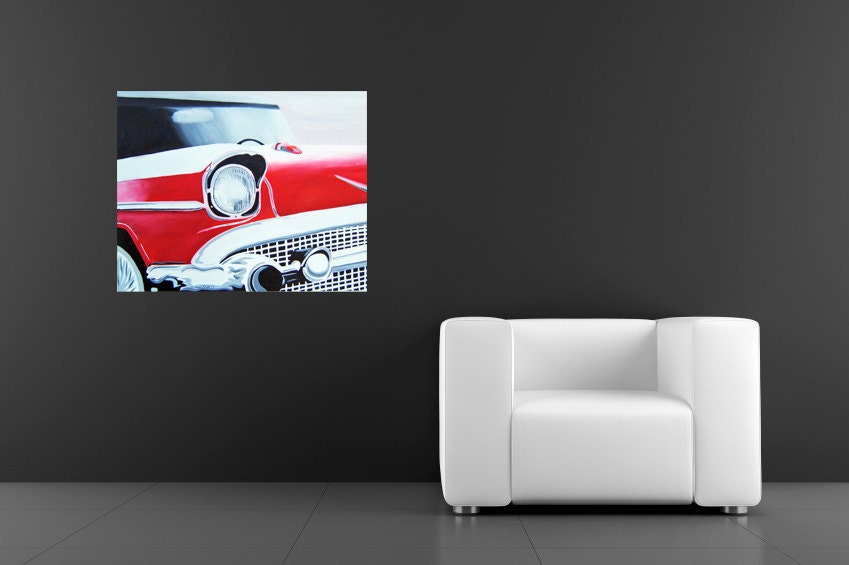 Black Red White and Sliver Vintage Car Original Painting 16x20 On Canvas Ready to Hang Man Cave