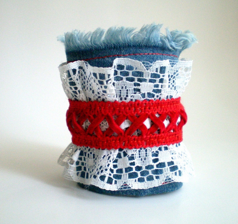 Boho Chic Lacey Recycled Denim Cuff (AOD), one of a kind, blue white red patriotic colors 4th of July