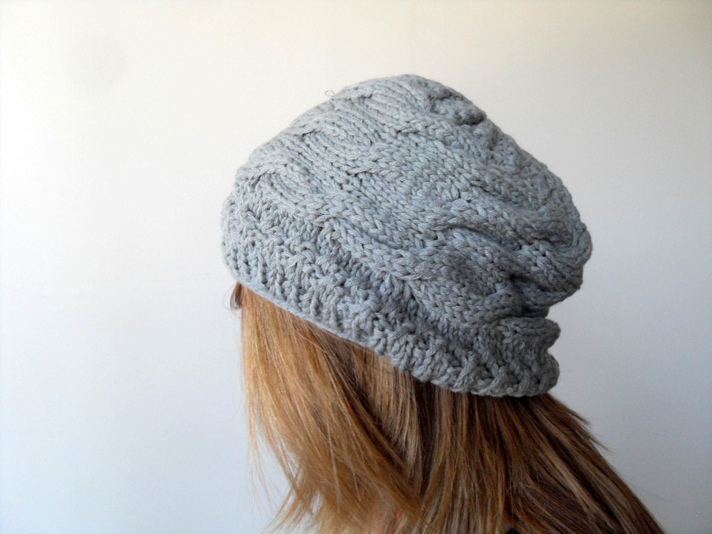 Hand Knitted Grey Hat Gray Silver Taupe Ribbed Chunky Cute Hat,Cable Knit Hat,Beanie,Mesh Beret,Spring Fashion Winter Accessory TeamT