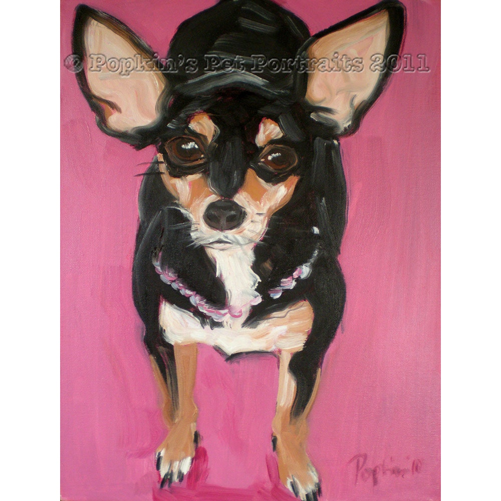 Chihuahua pet portrait pink in pearls Signed archival Giclee Print 8x10