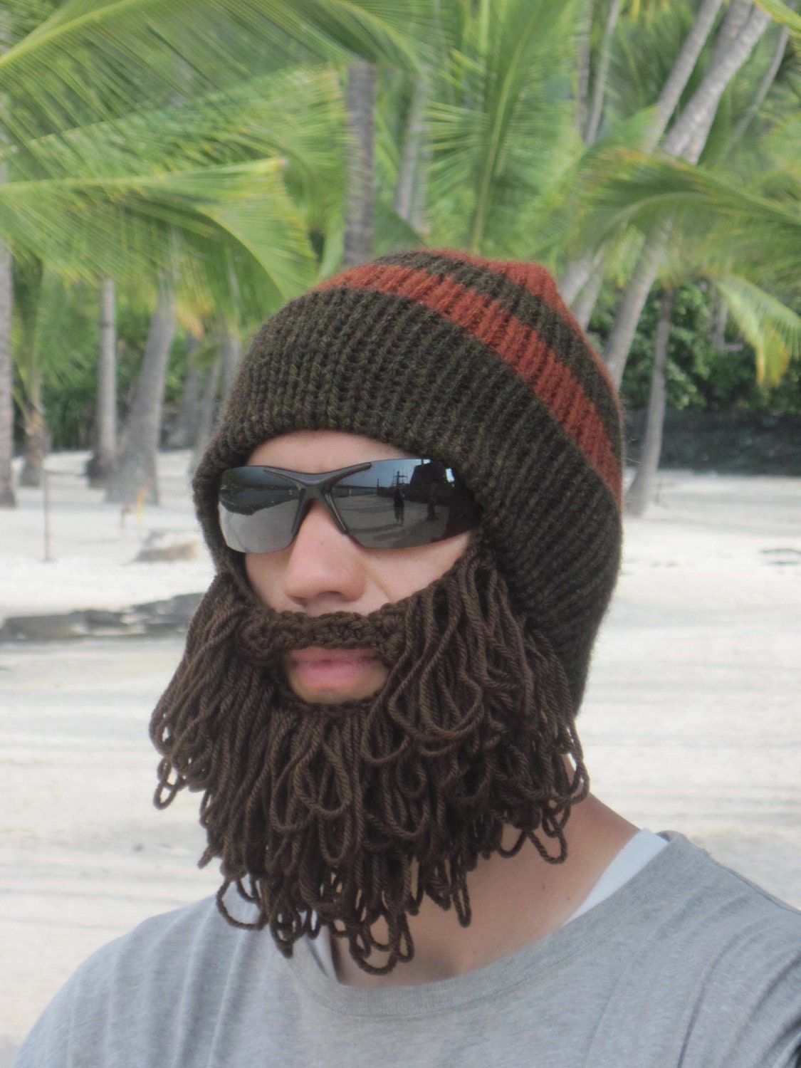 shaggy beard hat in dark brown and burnt orange