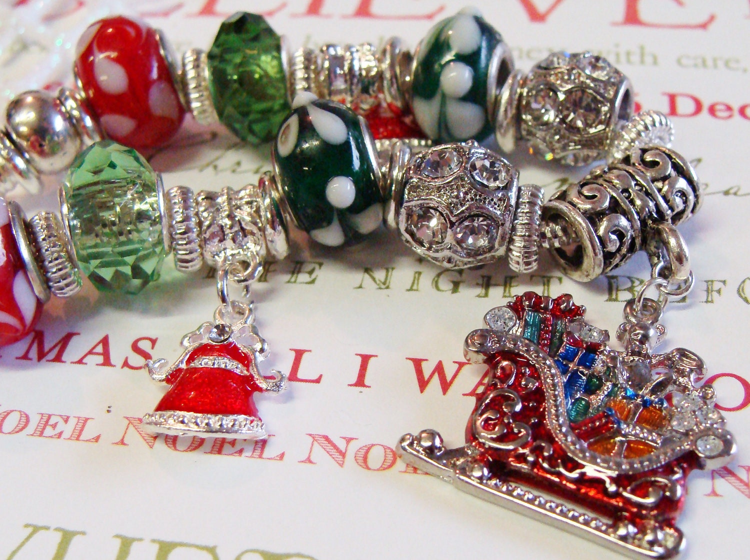 Christmas Red and Green Pandora Style Bracelet with Faceted Crystals and Rhinestones
