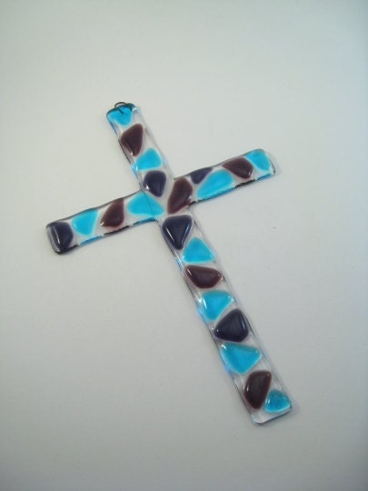 Fused Glass Wall Cross - Turquoise Plum Mosaic