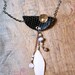 Long pendant necklace with handmade brown leather, cristals and feather
