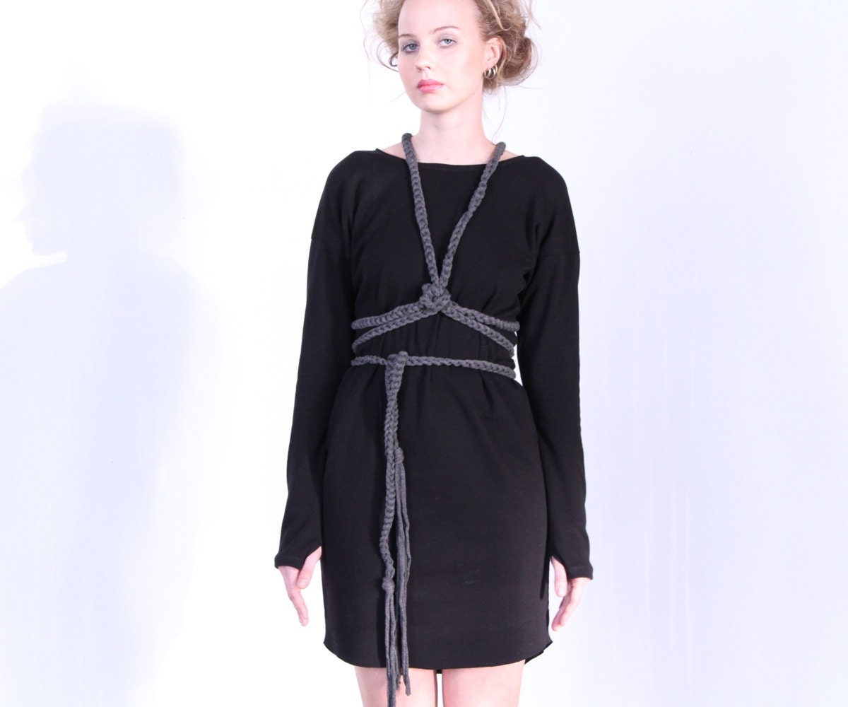 Black eco cotton jersey long sleeved dress with long cable sash with fringes -MADE TO ORDER
