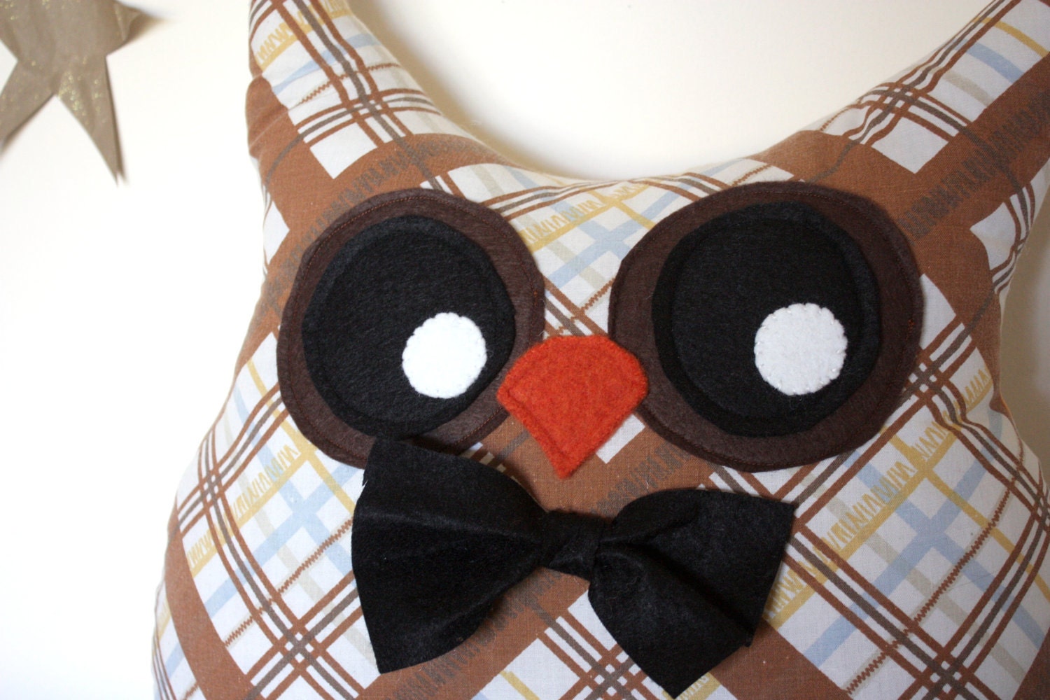 handmade owl pillow stuffed animal, bowtie