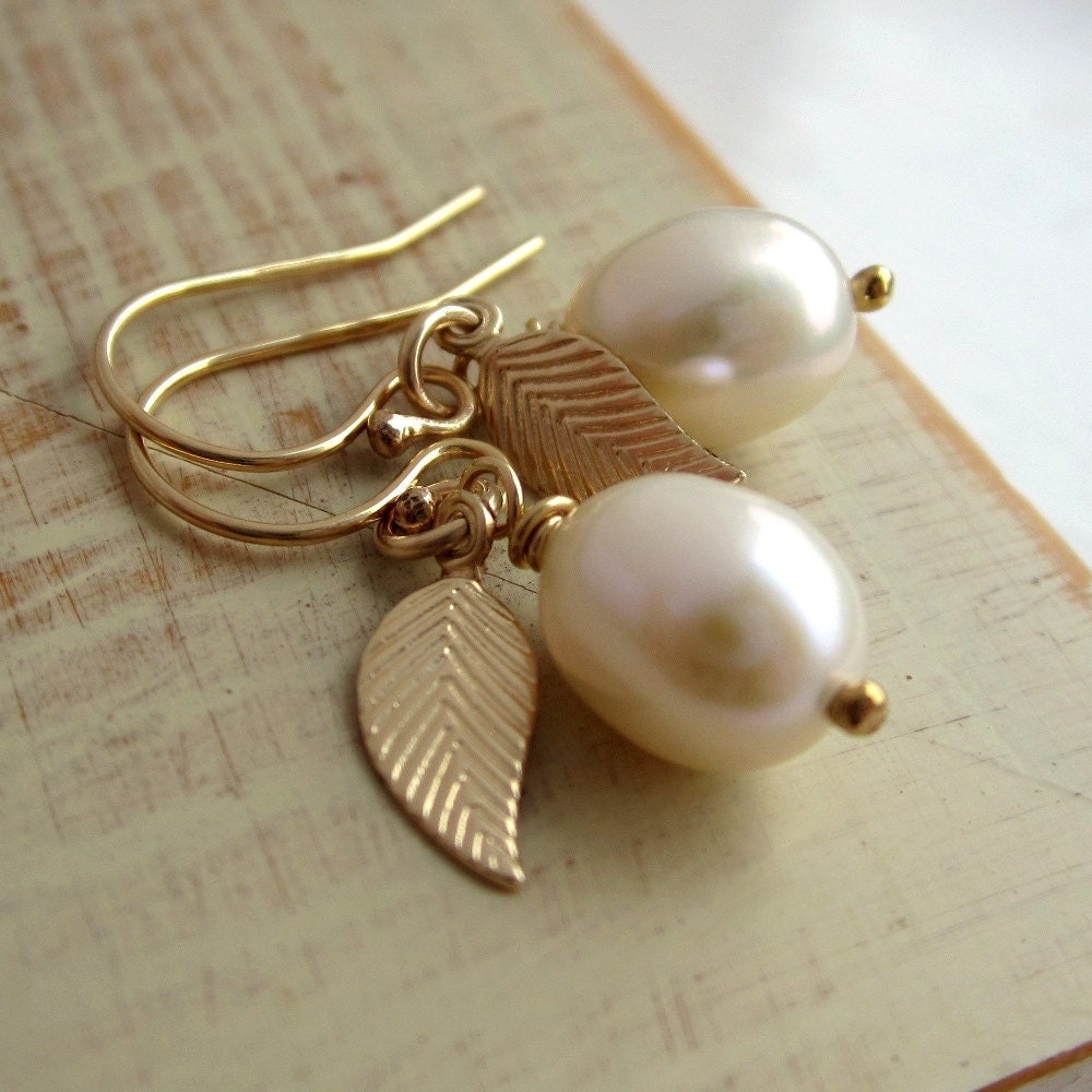 Teardrop pearl earrings, gold leaf charms, freshwater pearls, gold filled ear wires