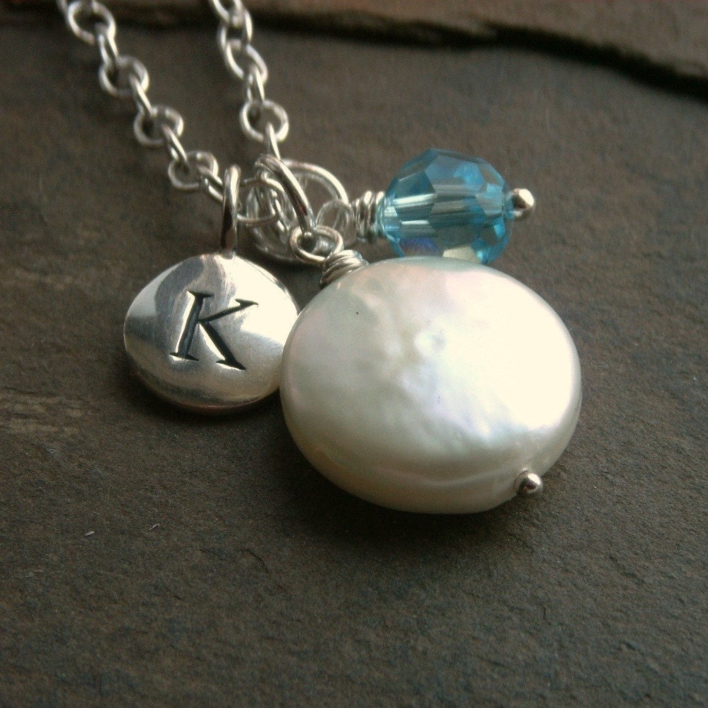 Swarovski crystal birthstone necklace coin pearl, initial on sterling silver chain
