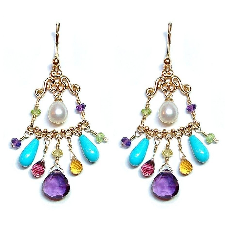 14K Gold, Amethyst, Citrine, Garnet, Turquoise, Yellow Emerald, and Fresh Water Pearl Chandelier Earrings