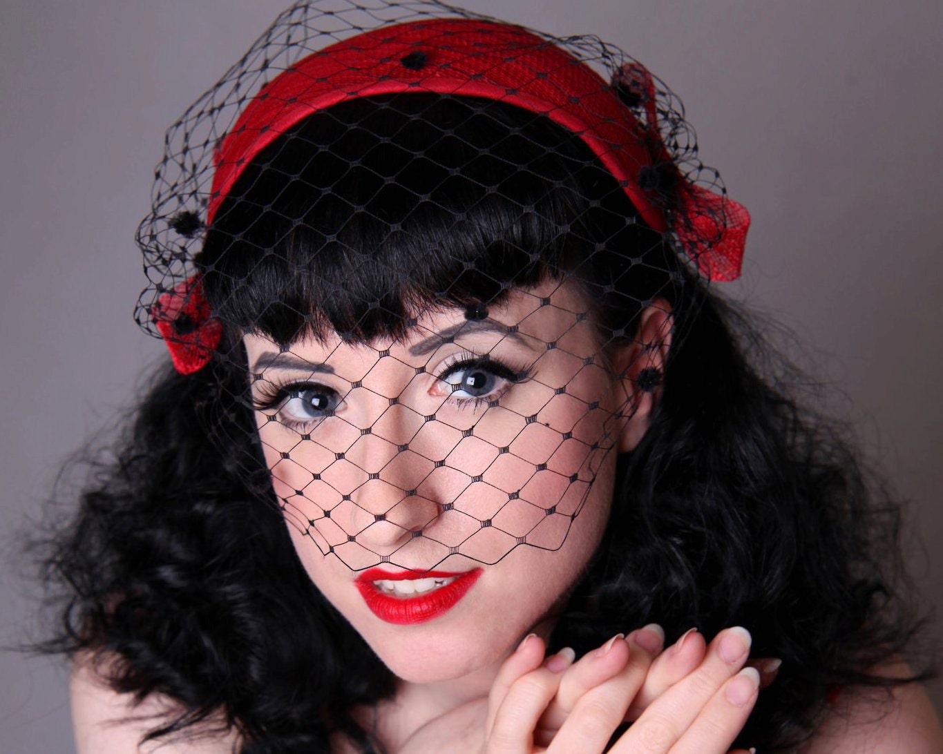 Red Half Hat with Merry Widow Veiling, Vintage Style - Black Friday Etsy Cyber Monday Etsy