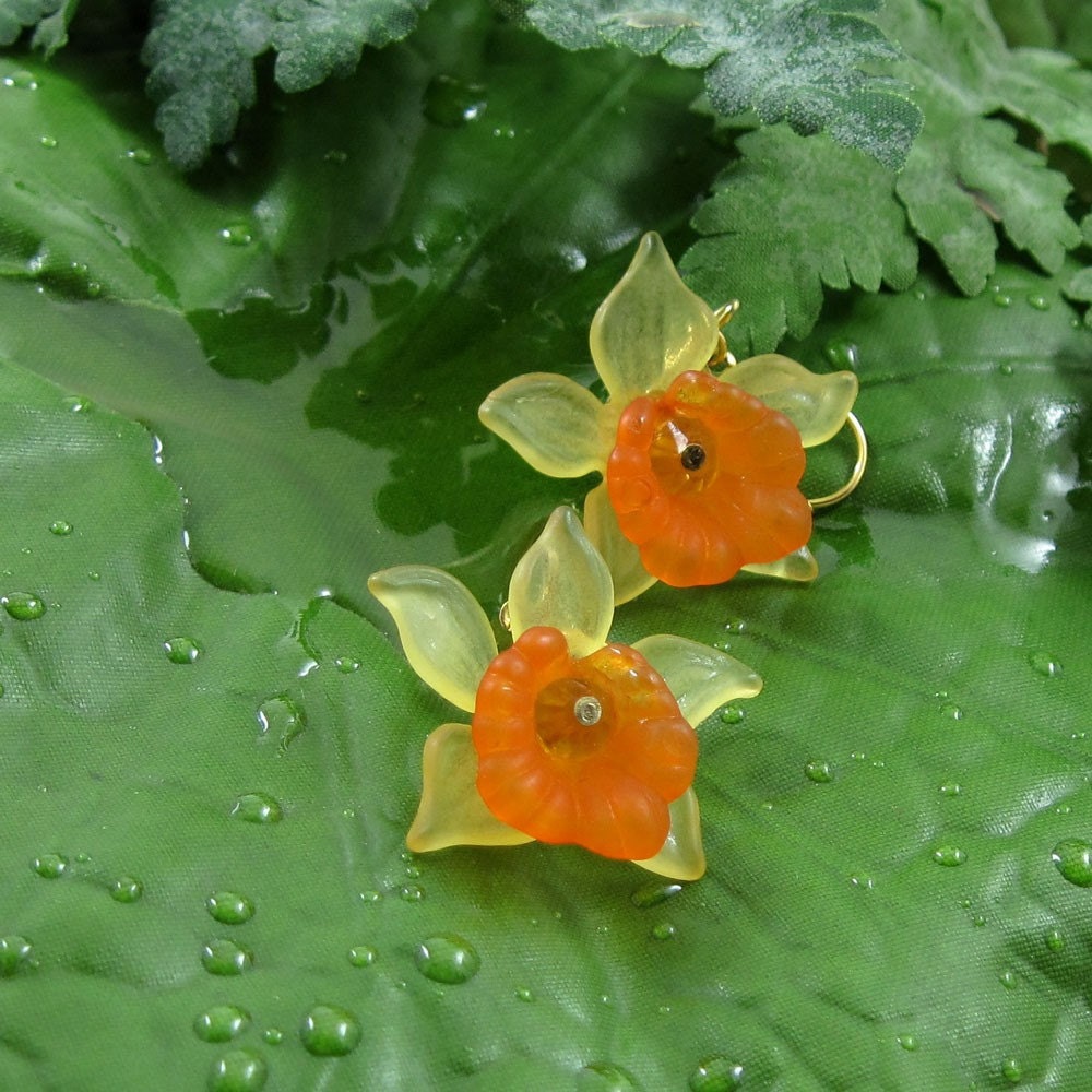 Orange and Yellow Drop Orchid  Earrings - Tropical Beauty