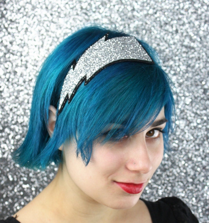 Lightning Bolt Headband, Silver Glitter, Adult Headband