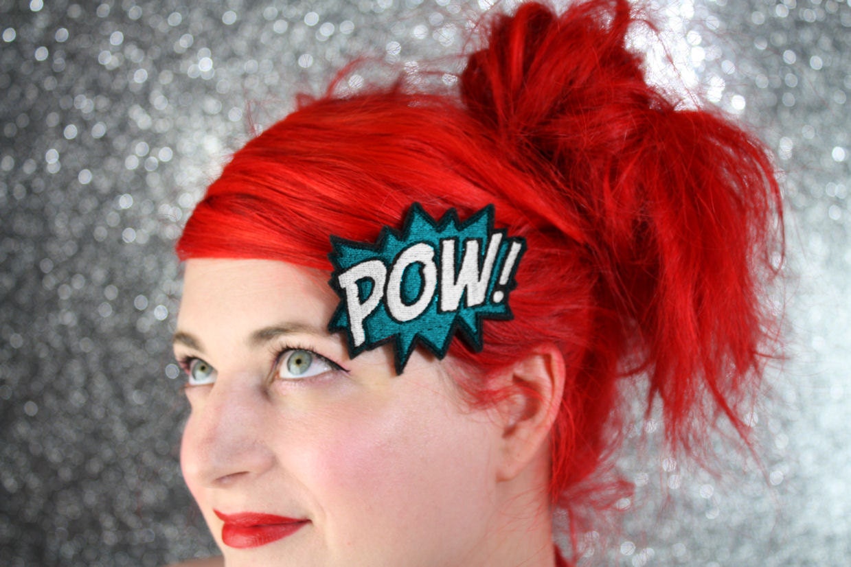 POW Hair Clip, Comic Book Hair Barrette, Dark Turquoise and White