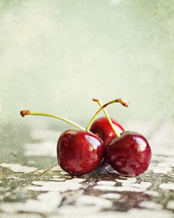 Happy Red Cherries. Whimsical kitchen fruit food art. 8x10 8x8. Valentine love red aqua turquoise teal crimson still life.