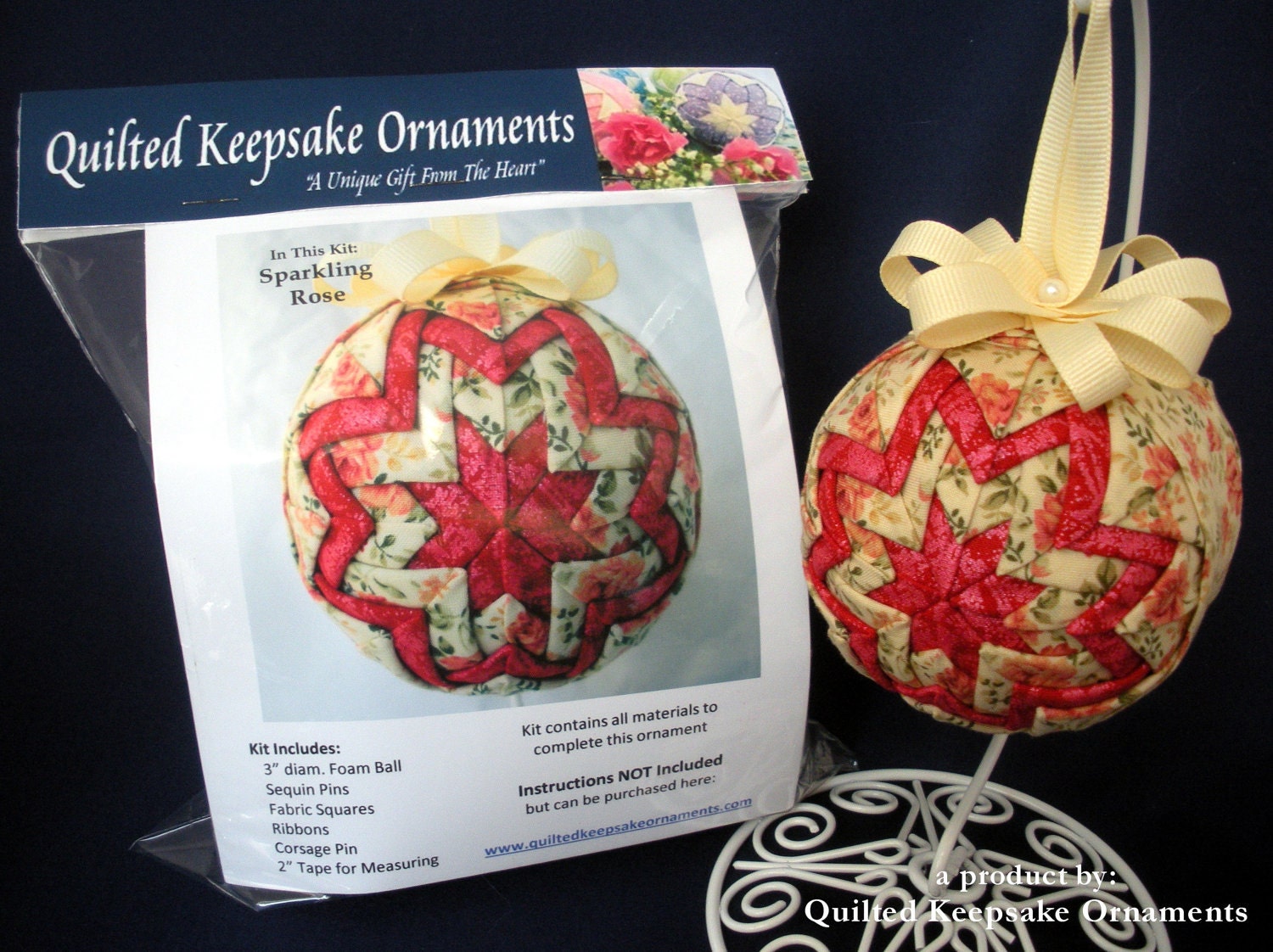 Quilted Ornament Kit - Christmas Fabric Ball - Sparkling Rose Design - No Sew - KIT ONLY - Instructions Sold Separately