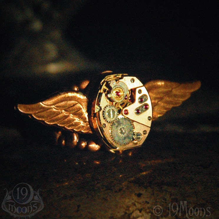 FIREBIRD Steampunk Ring by 19 Moons- Rare Rose Gold Watch Movement on Vintage Brass Phoenix Paratrooper Bird wings- Gorgeous Unisex Piece